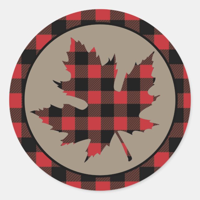 Red Buffalo Plaid Border Maple Leaf Classic Round Sticker (Front)