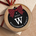 Red Buffalo Plaid Bow Monogram & Photo Wood Slice Ceramic Tree Decoration<br><div class="desc">Add a rustic charm to your Christmas tree with our faux family monogram ornament featuring a rustic faux wood slice background decorated with a buffalo red plaid bow. Customize with your family monogram, name and year. The reverse side features a place to add your family photo. Designed by Moodthology Papery...</div>