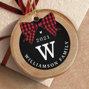 Red Buffalo Plaid Bow Monogram & Photo Wood Slice Ceramic Tree Decoration
