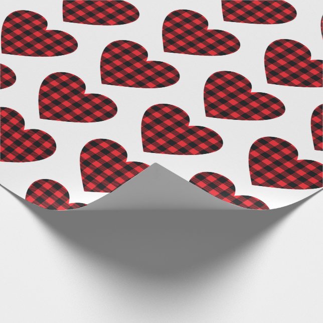 Red Buffalo Plaid Check Hearts Country Rustic Wrapping Paper (Corner)