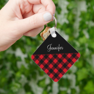Red Buffalo Plaid Check Pattern Name Key Ring