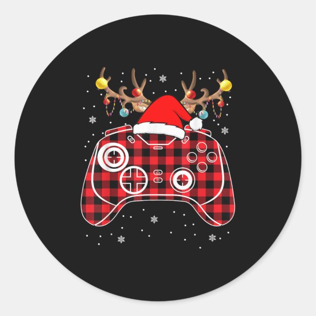 Red Buffalo Plaid Christmas Gamer Video Game Xmas  Classic Round Sticker (Front)