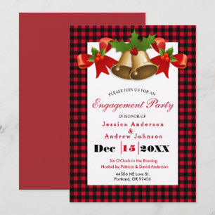 Red Buffalo Plaid Christmas Holiday Holly Bells Invitation