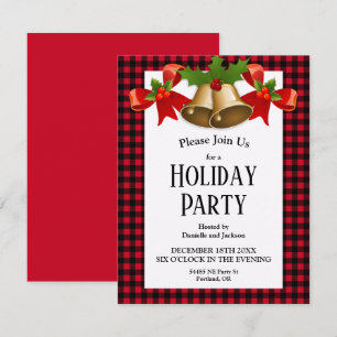 Red Buffalo Plaid Christmas Holly Bells Invitation