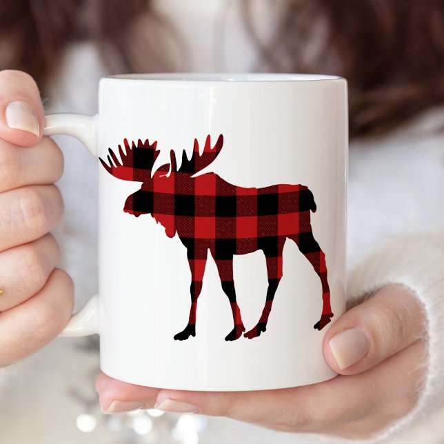 Red Buffalo Plaid Christmas Moose Silhouette Two-Tone Coffee Mug (Creator Uploaded)