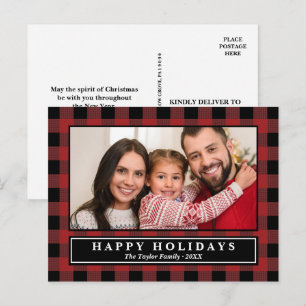 Red Buffalo Plaid Christmas Photo Holiday Postcard