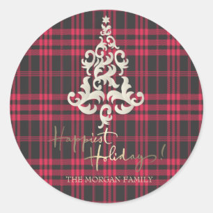 Red Buffalo Plaid Christmas Tree Happiest Holidays Classic Round Sticker