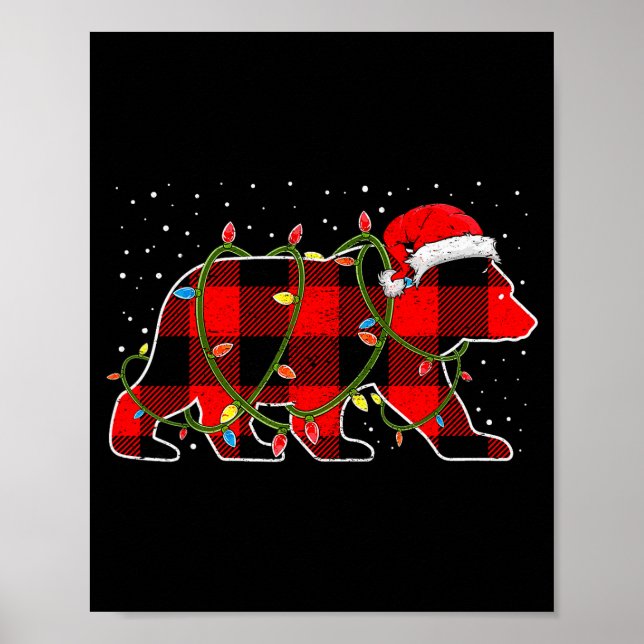 Red Buffalo Plaid Christmas Tree Light Bear Pajama Poster (Front)