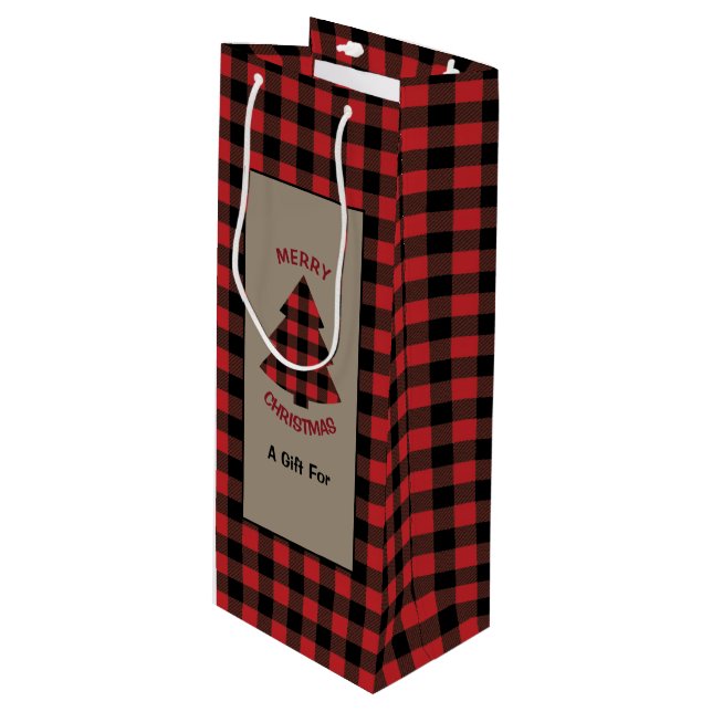 Red Buffalo Plaid Christmas Tree Wine Gift Bag (Front Angled)