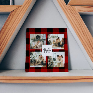 Red Buffalo Plaid & Collage Photo With Initial