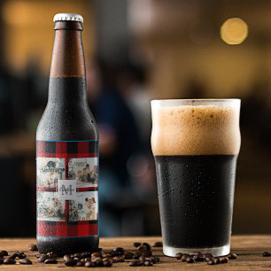 Red Buffalo Plaid & Collage Photo With Initial  Beer Bottle Label