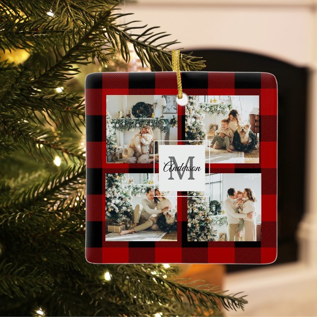 Red Buffalo Plaid & Collage Photo With Initial  Ceramic Ornament (Creator Uploaded)