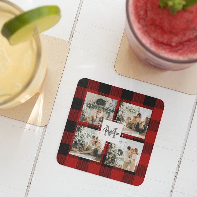 Red Buffalo Plaid & Collage Photo With Initial  Glass Coaster (Creator Uploaded)