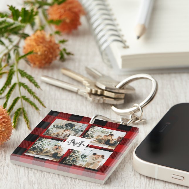 Red Buffalo Plaid & Collage Photo With Initial  Key Ring (Front Right)
