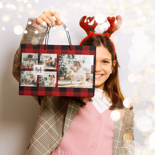 Red Buffalo Plaid & Collage Photo With Initial  Large Gift Bag (Creator Uploaded)