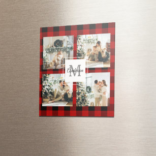 Red Buffalo Plaid & Collage Photo With Initial  Magnet