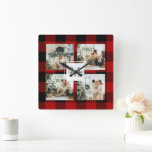 Red Buffalo Plaid & Collage Photo With Initial  Square Wall Clock<br><div class="desc">Embrace the timeless charm of Red Buffalo Plaid and create a personalized masterpiece with our Collage Photo With Initial custom product, available exclusively on Zazzle! Whether you're looking for a unique gift or a stunning addition to your home decor, this customizable item is perfect for adding a touch of rustic...</div>