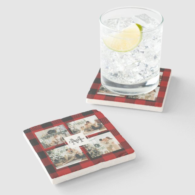 Red Buffalo Plaid & Collage Photo With Initial  Stone Coaster (Side)
