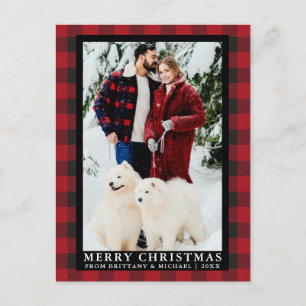 Red Buffalo Plaid Couple Photo Merry Christmas Postcard