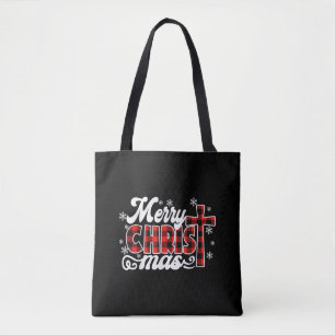 Red Buffalo Plaid Cross Merry Christmas Vintage Xm Tote Bag