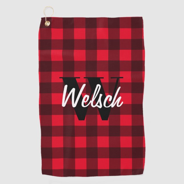 Red buffalo plaid custom monogram golf towel gift (Front)
