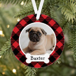 Red Buffalo Plaid Custom Pet Puppy Dog Photo Ornament<br><div class="desc">Personalize this festive red and black buffalo check plaid ornament design with a photo of your puppy dog with their first name on the dog bone monogram nameplate. A great keepsake gift for dog lovers, to celebrate a puppy's first Christmas or to cherish the memory of a beloved family dog....</div>