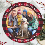 Red Buffalo Plaid Custom Photo Merry Christmas  Classic Round Sticker<br><div class="desc">Add the finishing touch to your envelopes, mailings and stationary with these red buffalo plaid custom photo stickers. Personalised these round christmas stickers with your favourite photo, pet photo, family photo with and greetings. These red and black plaid stickers are perfect for envelope seals and gift wrapping. COPYRIGHT © 2020...</div>