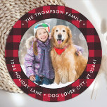 Red Buffalo Plaid Custom Photo Return Address Classic Round Sticker<br><div class="desc">Add the finishing touch to your envelopes, mailings and stationary with these red buffalo plaid custom photo return address labels. Personalised these round return address labels with your favourite photo, pet photo, family photo with dog, names, and address. These red and black plaid return address labels are perfect for the...</div>