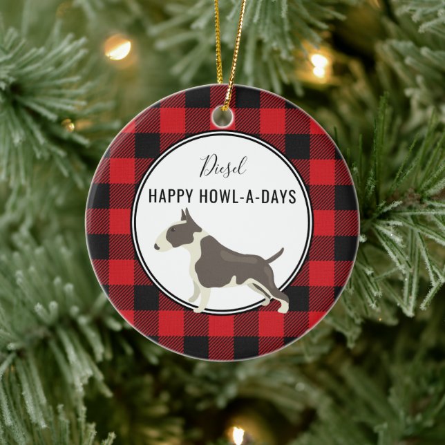Red Buffalo Plaid Custom Pitt Bull Dog Ornament  (Tree)