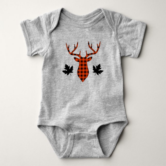 Red Buffalo Plaid Deer Buck Maple Leaf Baby Bodysuit (Front)