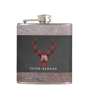 Red Buffalo Plaid Deer Head Monogram Hip Flask