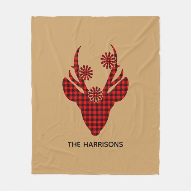 Red Buffalo Plaid Deer Head Personalised Fleece Blanket (Front)