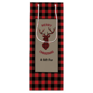 Red Buffalo Plaid Deer Head Wine Gift Bag