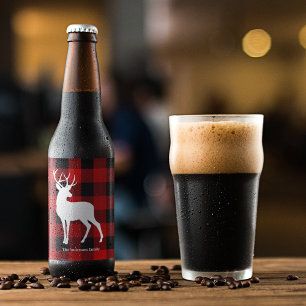 Red Buffalo Plaid & Deer   Personal Name Gift Beer Bottle Label