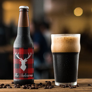 Red Buffalo Plaid & Deer   Personal Name Gift Beer Bottle Label