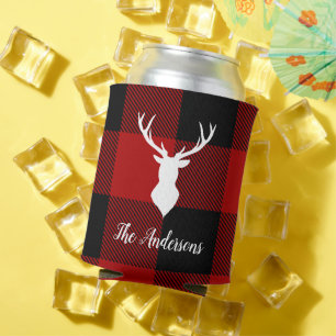 Red Buffalo Plaid & Deer Personal Name Gift Can Cooler