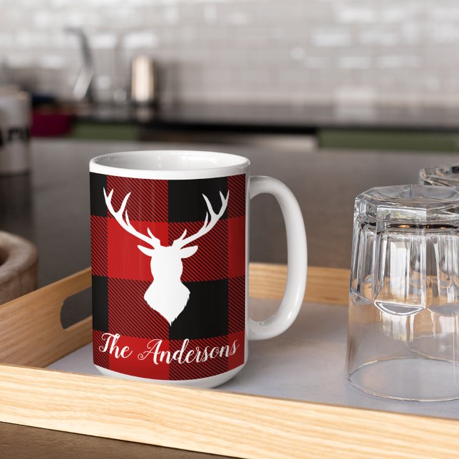 Red Buffalo Plaid & Deer | Personal Name Gift Coffee Mug (Creator Uploaded)