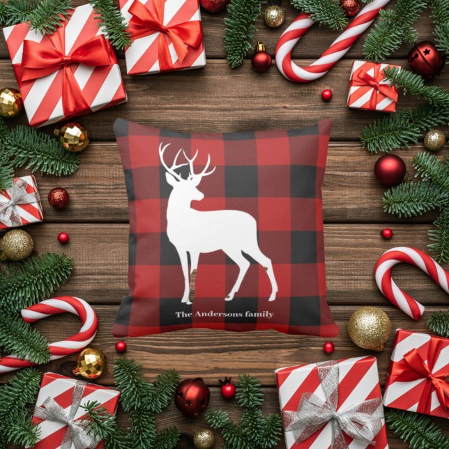 Red Buffalo Plaid & Deer | Personal Name Gift Cushion (Creator Uploaded)