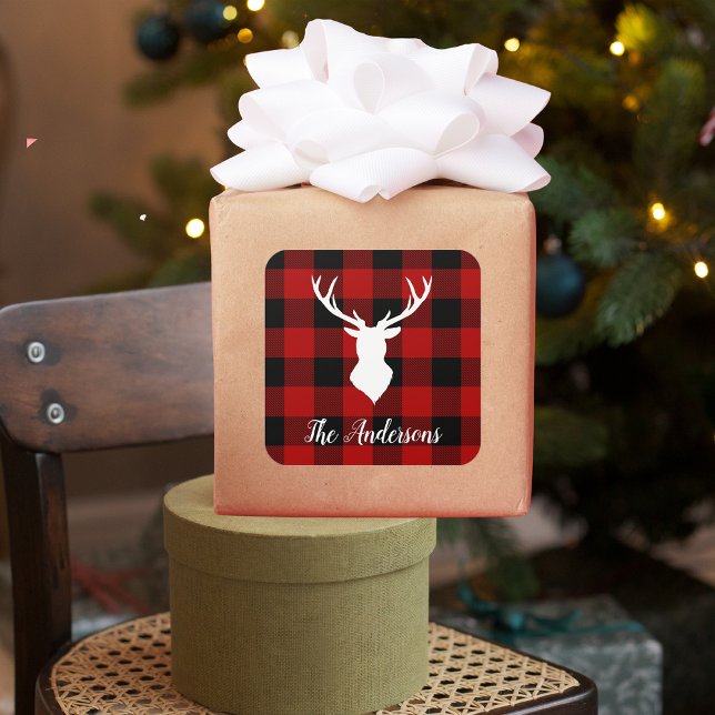 Red Buffalo Plaid & Deer | Personal Name Gift Square Sticker (Creator Uploaded)