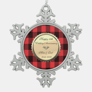 Red Buffalo Plaid,Diamond 10th Wedding Anniversary Snowflake Pewter Christmas Ornament
