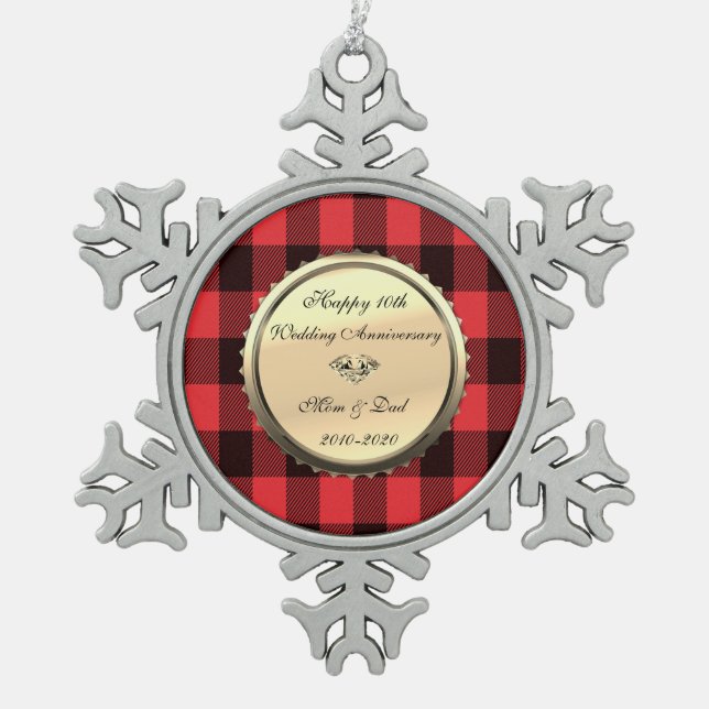 Red Buffalo Plaid,Diamond 10th Wedding Anniversary Snowflake Pewter Christmas Ornament (Front)