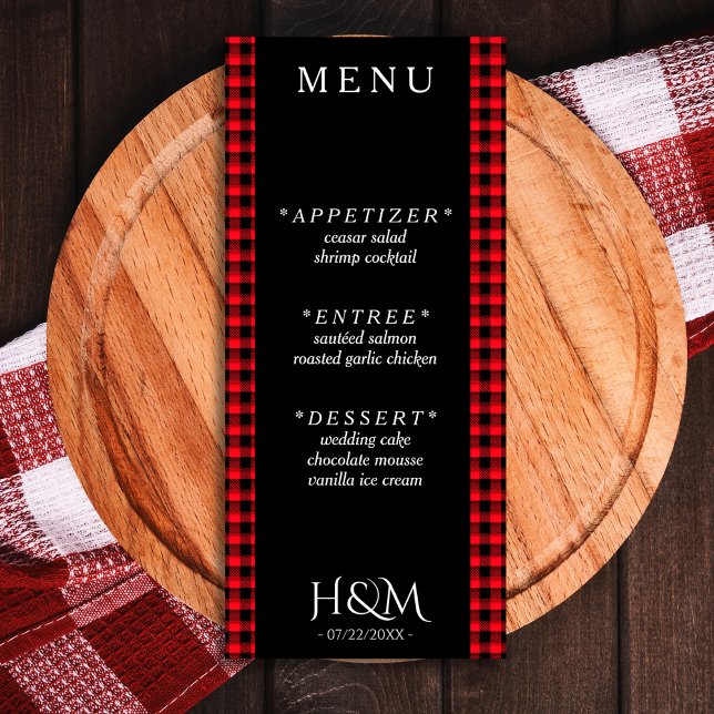Red Buffalo Plaid Dinner Wedding Reception Menu (black and red buffalo plaid wedding menu)