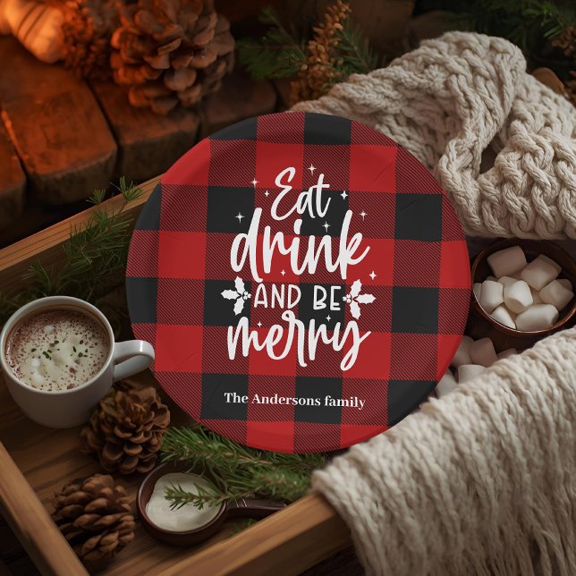Red Buffalo Plaid “Eat, Drink & Be Merry”  Paper Plate (Creator Uploaded)
