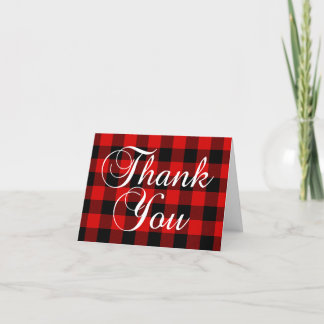 Red Buffalo Plaid Elegant Calligraphy Thank You Card