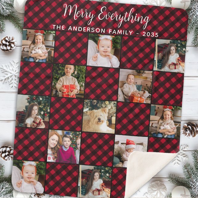 Red Buffalo Plaid Family Christmas Photo Collage Sherpa Blanket (Creator Uploaded)