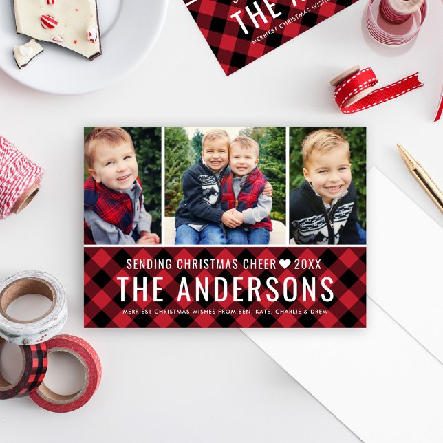 Red Buffalo Plaid Family Christmas Three Photo Holiday Card (Creator Uploaded)