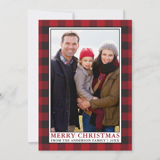 Red Buffalo Plaid Family Framed Photo Christmas Holiday Card (Front)