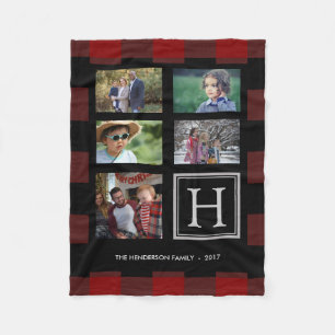 Red buffalo plaid family monogram photo collage fleece blanket