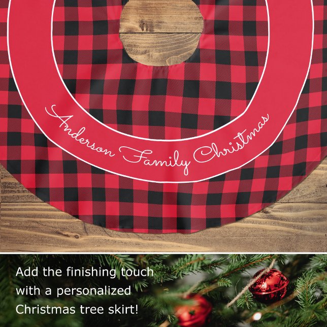 Red Buffalo Plaid Family Name Rustic Christmas Brushed Polyester Tree Skirt (Creator Uploaded)