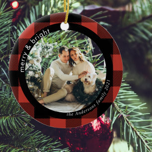 Red Buffalo Plaid Family Photo   Merry And Bright Ceramic Tree Decoration